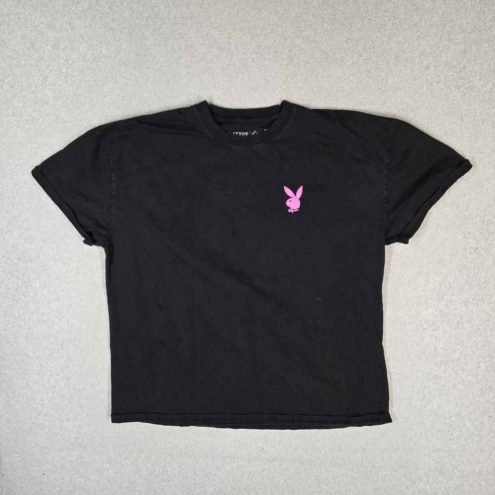 Playboy Men Shirt LARGE Black Stacked Logo Graphic Print Short Sleeve Crew Neck